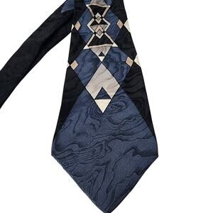 Palatina Mens Tie 100% Silk Necktie Geometric Black Blue Vintage USA 3.75" X 57"